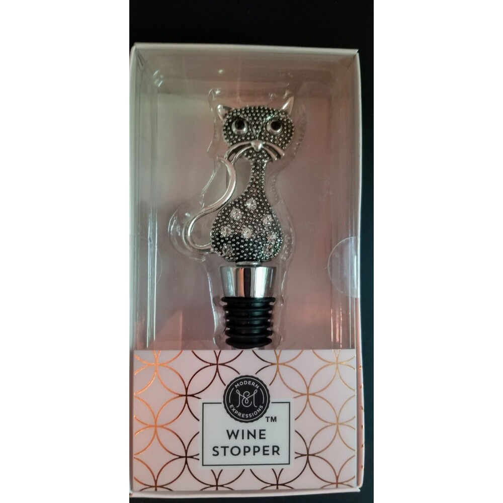 Wine Stopper Cat Silver & Black